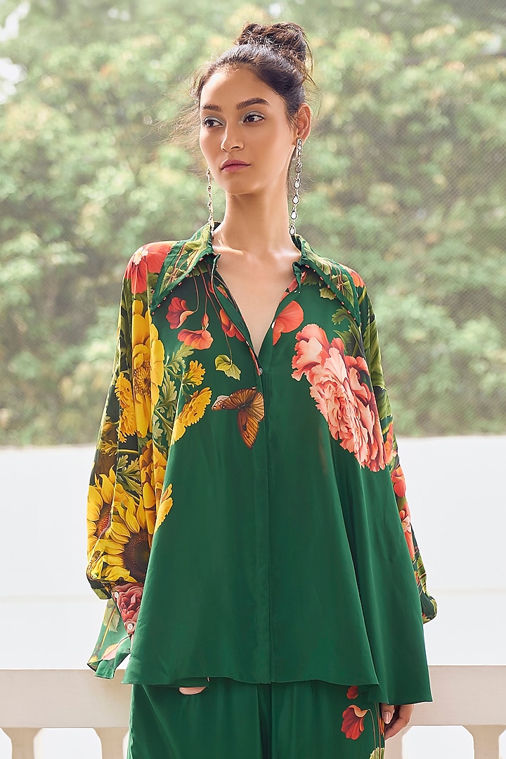 Emerald Green Crepe Hand Embroidered & Printed Shirt by Limerick By Abirr N' Nanki at Pernia's Pop Up Shop