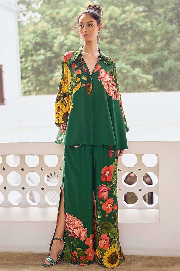 Emerald Green Crepe Floral Printed Flared Pants by Limerick By Abirr N' Nanki at Pernia's Pop Up Shop