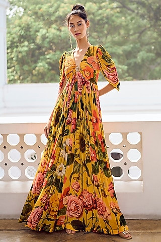 Mustard Georgette Embroidered Gown by Limerick By Abirr N' Nanki