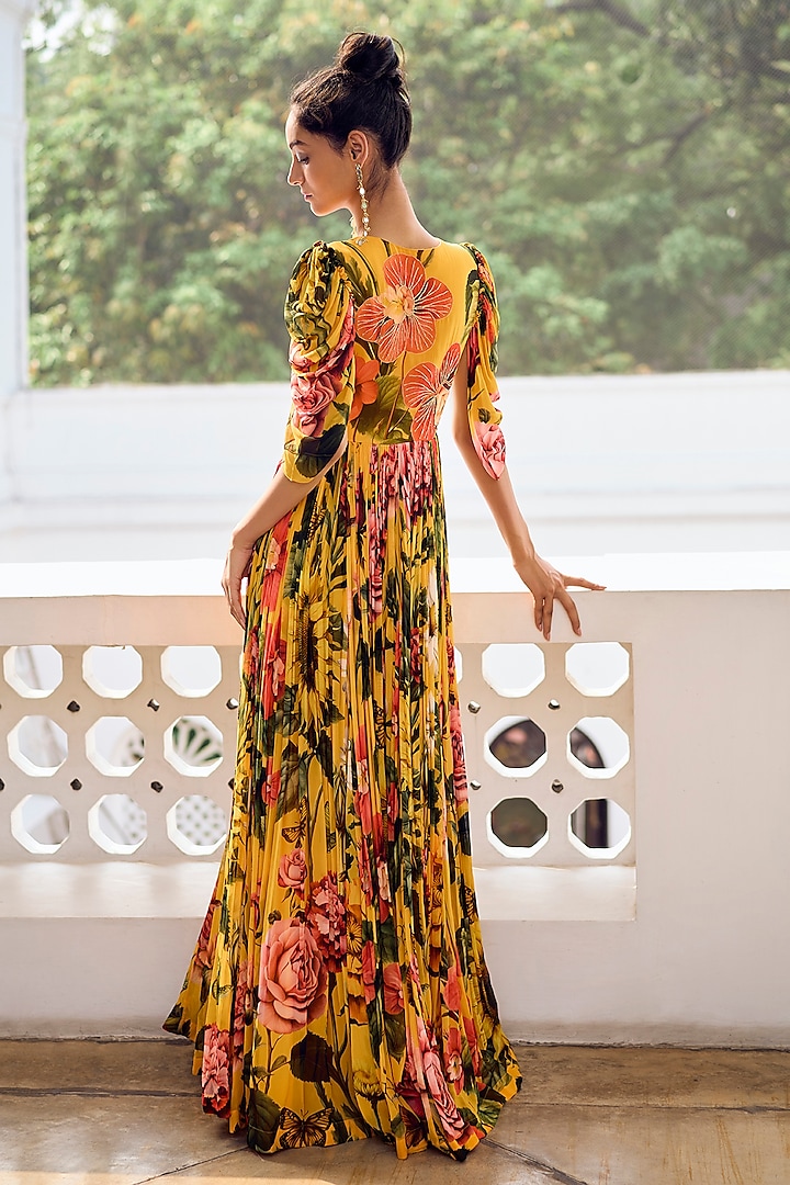 Mustard Georgette Embroidered Party Wear Gown by Limerick By Abirr N' Nanki at Pernia's Pop Up Shop
