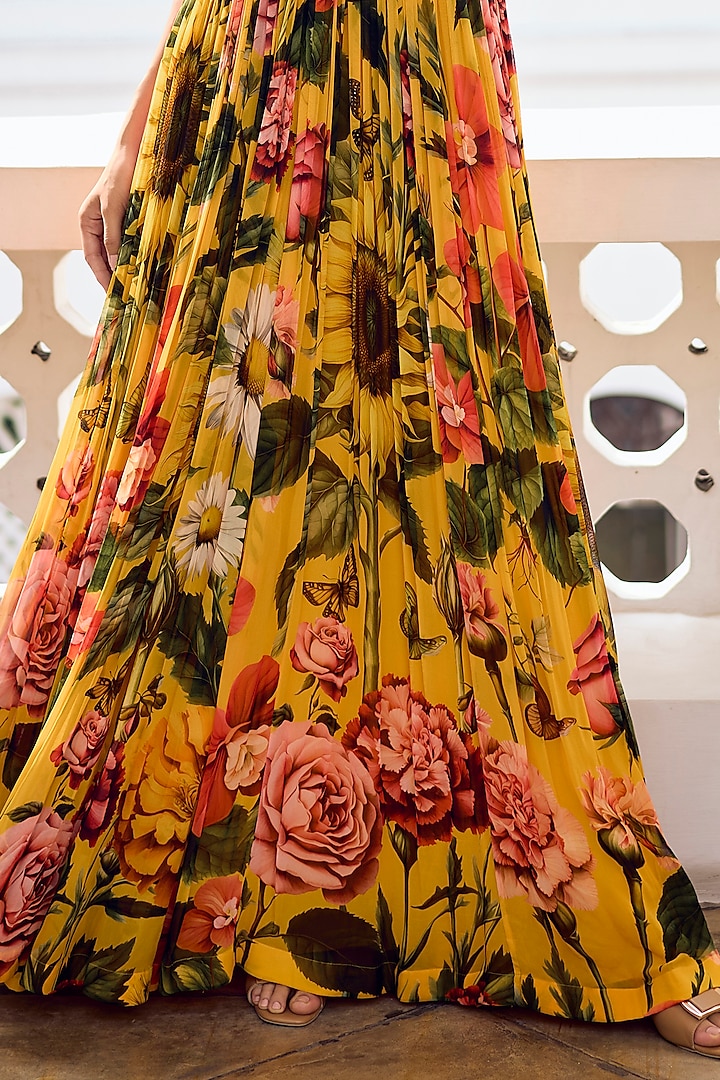 Mustard Georgette Embroidered Party Wear Gown by Limerick By Abirr N' Nanki at Pernia's Pop Up Shop