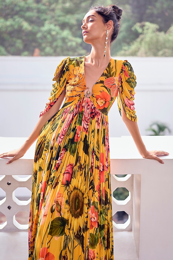 Mustard Georgette Embroidered Party Wear Gown by Limerick By Abirr N' Nanki at Pernia's Pop Up Shop