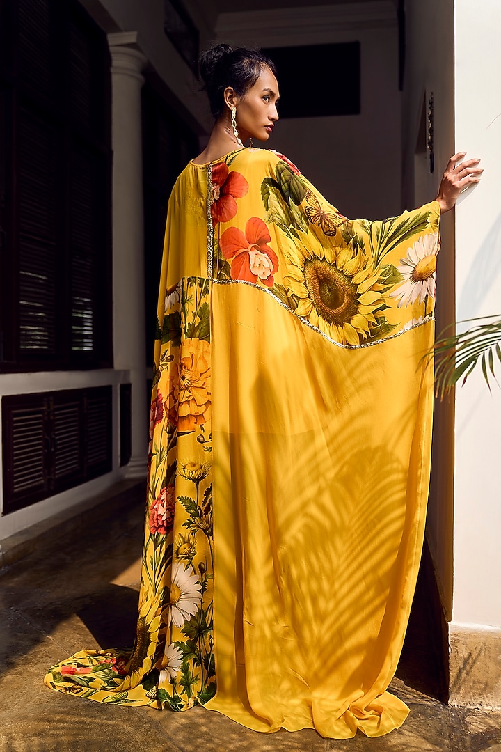 Mustard Georgette & Crepe Embroidered Sheer Kaftan by Limerick By Abirr N' Nanki at Pernia's Pop Up Shop