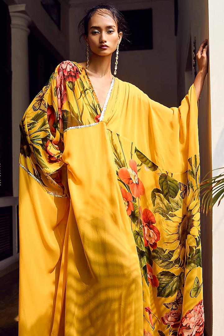 Mustard Georgette & Crepe Embroidered Sheer Kaftan by Limerick By Abirr N' Nanki at Pernia's Pop Up Shop