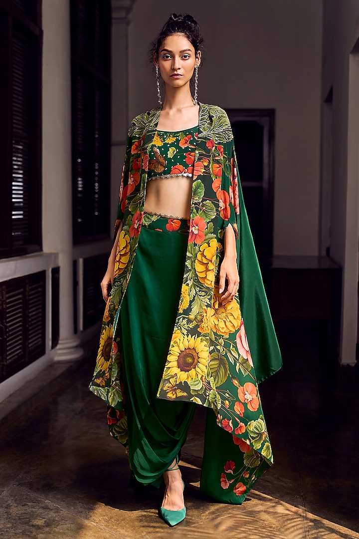 Emerald Green Crepe & Satin Hand Embroidered Cape Set by Limerick By Abirr N' Nanki at Pernia's Pop Up Shop