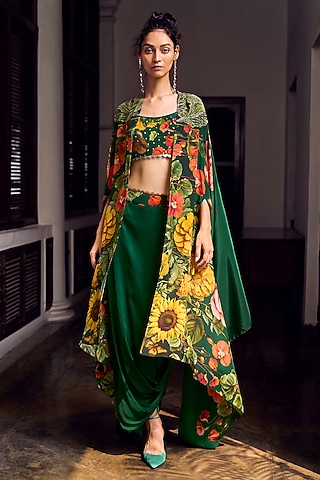 Emerald Green Crepe & Satin Hand Embroidered Cape Set by Limerick By Abirr N' Nanki