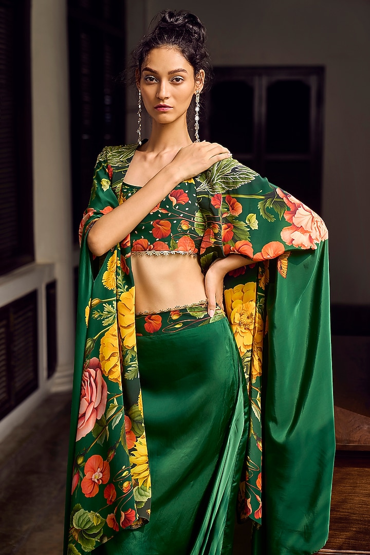 Emerald Green Crepe & Satin Hand Embroidered Cape Set by Limerick By Abirr N' Nanki at Pernia's Pop Up Shop