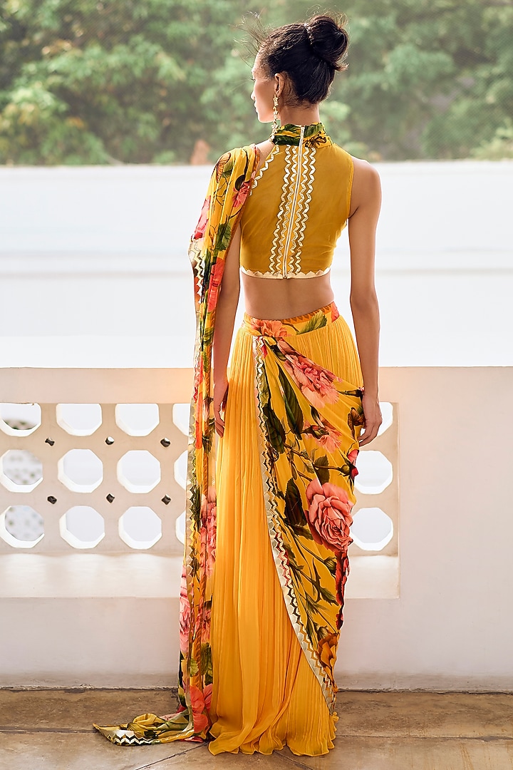 Mustard Georgette Embroidered Pre-Draped Pant Party Wear Saree Set by Limerick By Abirr N' Nanki at Pernia's Pop Up Shop