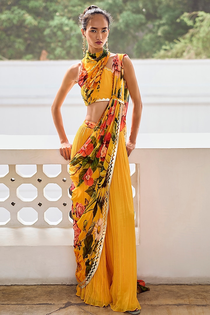 Mustard Georgette Embroidered Pre-Draped Pant Saree Set by Limerick By Abirr N' Nanki at Pernia's Pop Up Shop