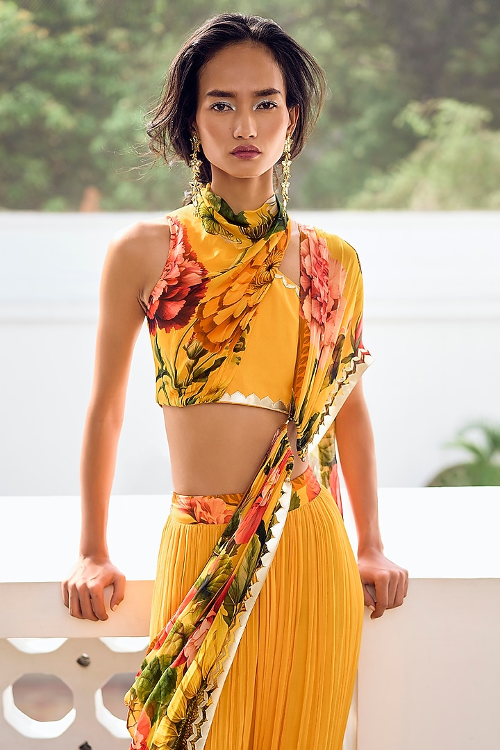 Mustard Georgette Embroidered Pre-Draped Pant Party Wear Saree Set by Limerick By Abirr N' Nanki at Pernia's Pop Up Shop