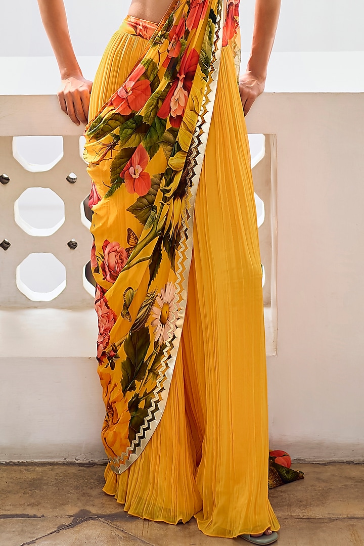 Mustard Georgette Embroidered Pre-Draped Pant Party Wear Saree Set by Limerick By Abirr N' Nanki at Pernia's Pop Up Shop