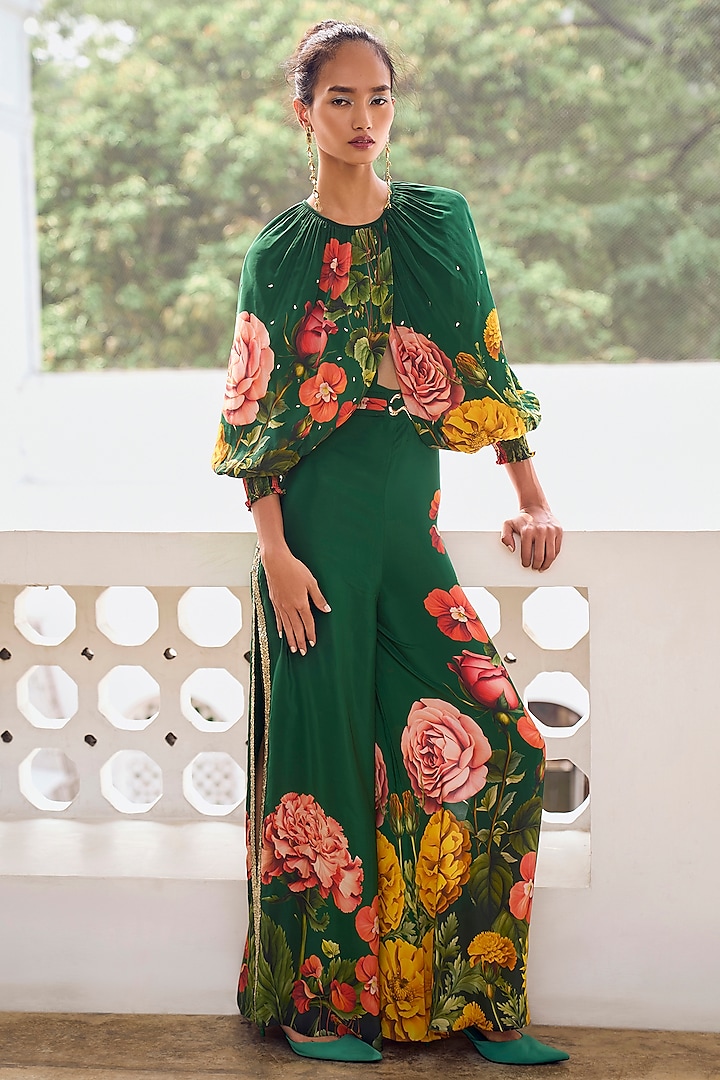 Emerald Green Crepe Embroidered Jumpsuit by Limerick By Abirr N' Nanki at Pernia's Pop Up Shop