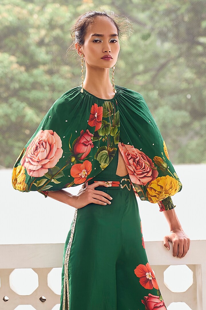 Emerald Green Crepe Embroidered Jumpsuit by Limerick By Abirr N' Nanki at Pernia's Pop Up Shop