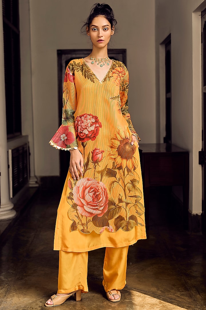 Mustard Habutai Silk & Striped Organza Hand Embroidered Kurta Set by Limerick By Abirr N' Nanki at Pernia's Pop Up Shop