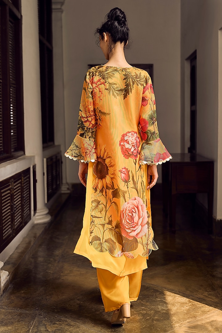 Mustard Habutai Silk & Striped Organza Hand Embroidered Kurta Set by Limerick By Abirr N' Nanki at Pernia's Pop Up Shop
