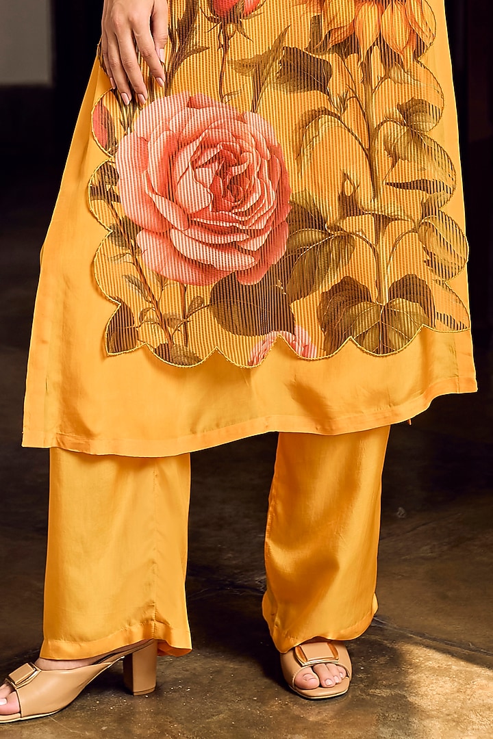 Mustard Habutai Silk & Striped Organza Hand Embroidered Kurta Set by Limerick By Abirr N' Nanki at Pernia's Pop Up Shop