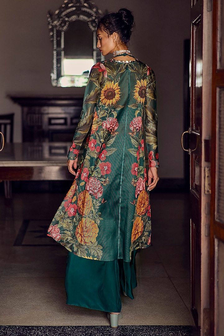 Emerald Green Striped Organza Sheer Kurta Set by Limerick By Abirr N' Nanki at Pernia's Pop Up Shop