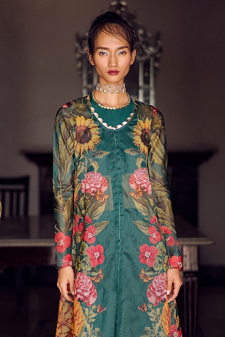 Emerald Green Striped Organza Sheer Kurta Set by Limerick By Abirr N' Nanki at Pernia's Pop Up Shop