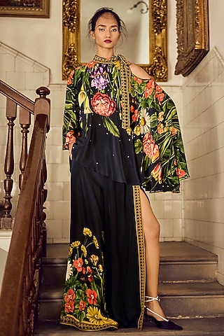 Black Crepe Floral Printed & Embellished Co-Ord Set by Limerick By Abirr N' Nanki