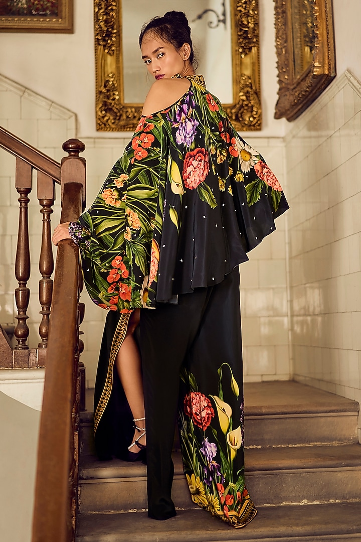 Black Crepe Floral Printed & Embellished Co-Ord Set by Limerick By Abirr N' Nanki at Pernia's Pop Up Shop