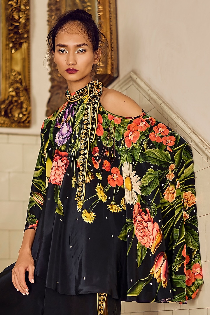 Black Crepe Floral Printed & Embellished Co-Ord Set by Limerick By Abirr N' Nanki at Pernia's Pop Up Shop