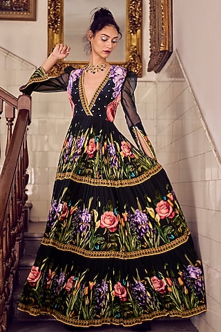 Black Crepe & Organza Thread Work Gown by Limerick By Abirr N' Nanki
