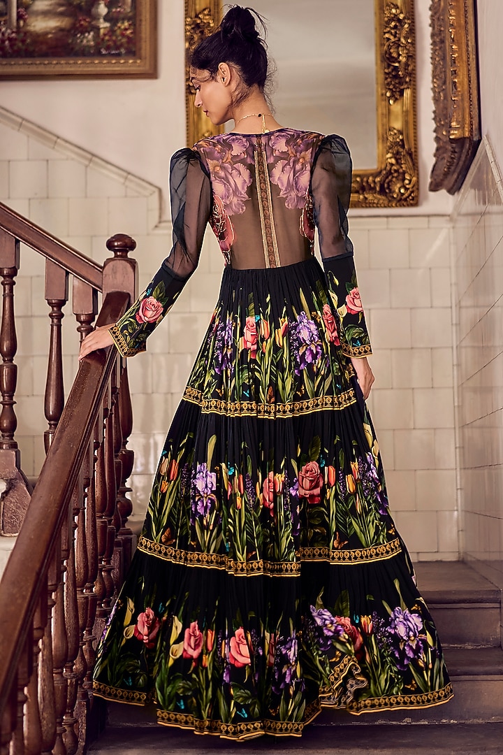 Black Crepe & Organza Thread Work Party Wear Gown by Limerick By Abirr N' Nanki at Pernia's Pop Up Shop