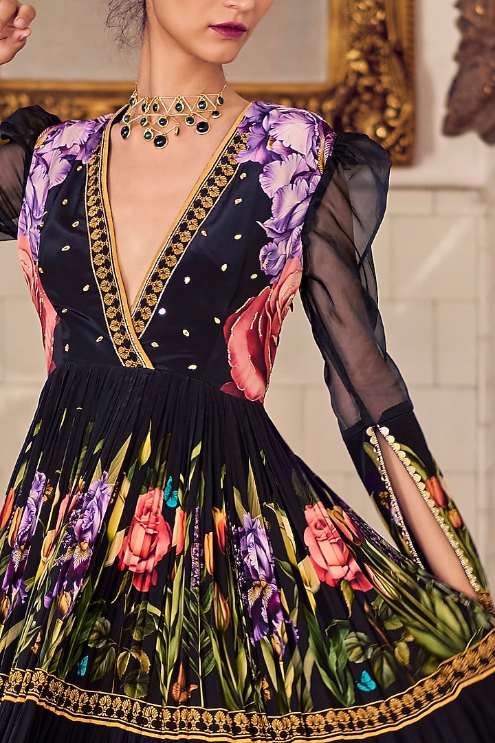 Black Crepe & Organza Thread Work Party Wear Gown by Limerick By Abirr N' Nanki at Pernia's Pop Up Shop