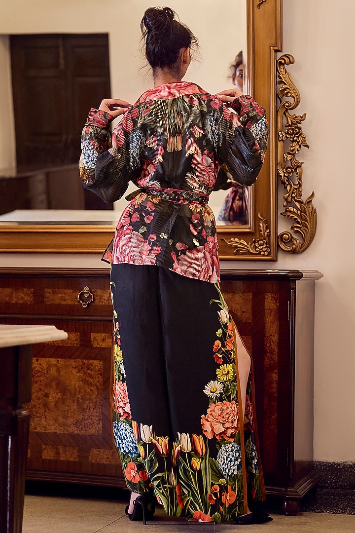 Black Striped Organza Hand Embroidered Shirt With Tie-Up Belt by Limerick By Abirr N' Nanki at Pernia's Pop Up Shop