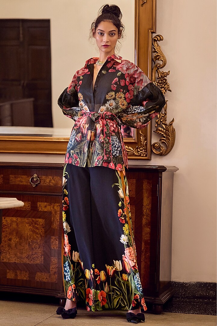 Black Striped Organza Hand Embroidered Shirt With Tie-Up Belt by Limerick By Abirr N' Nanki at Pernia's Pop Up Shop