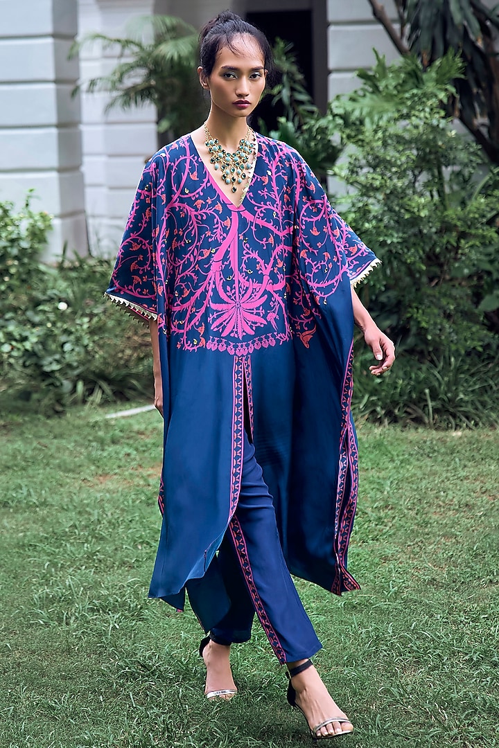 Navy Blue Crepe Hand Embroidered Kurta Set by Limerick By Abirr N' Nanki