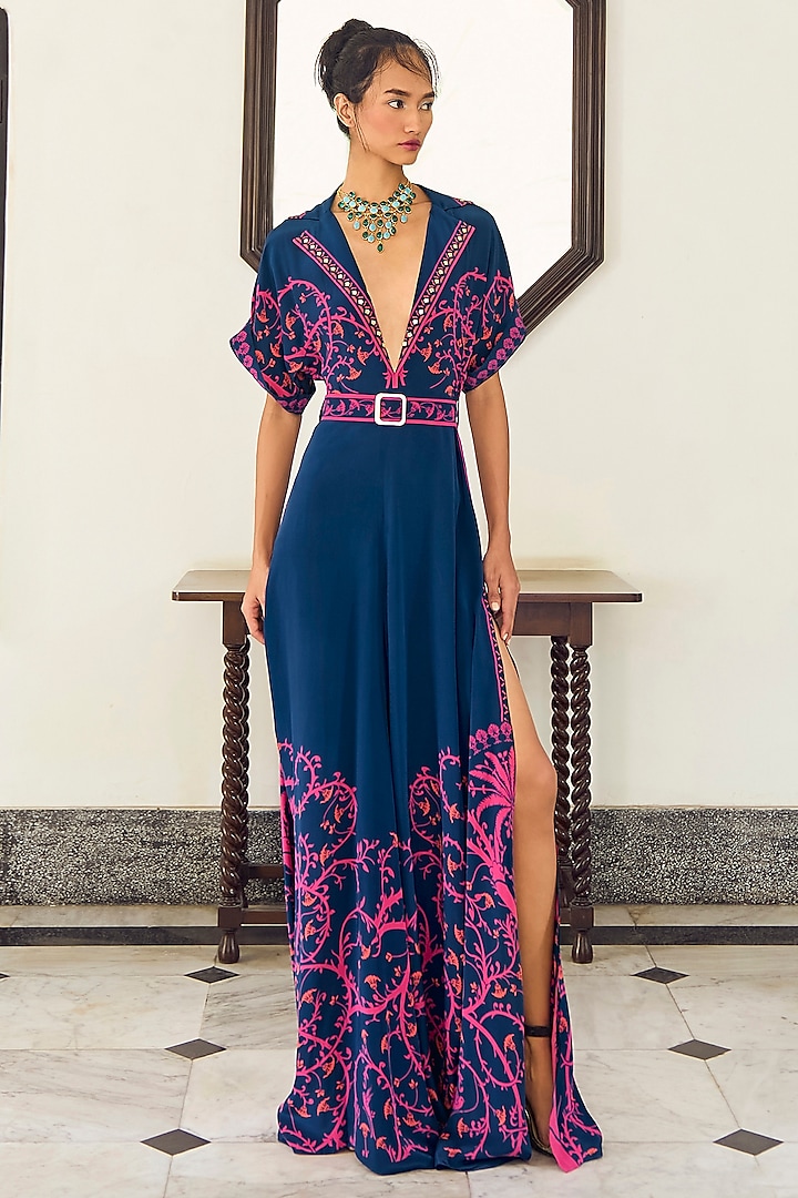 Navy Blue Crepe Hand Embroidered Jumpsuit by Limerick By Abirr N' Nanki