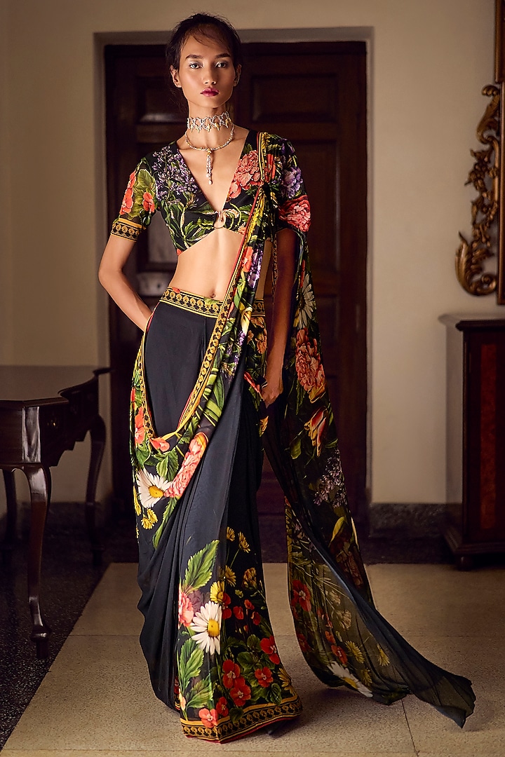 Black Georgette Pre-Draped Embroidered Saree Set by Limerick By Abirr N' Nanki at Pernia's Pop Up Shop