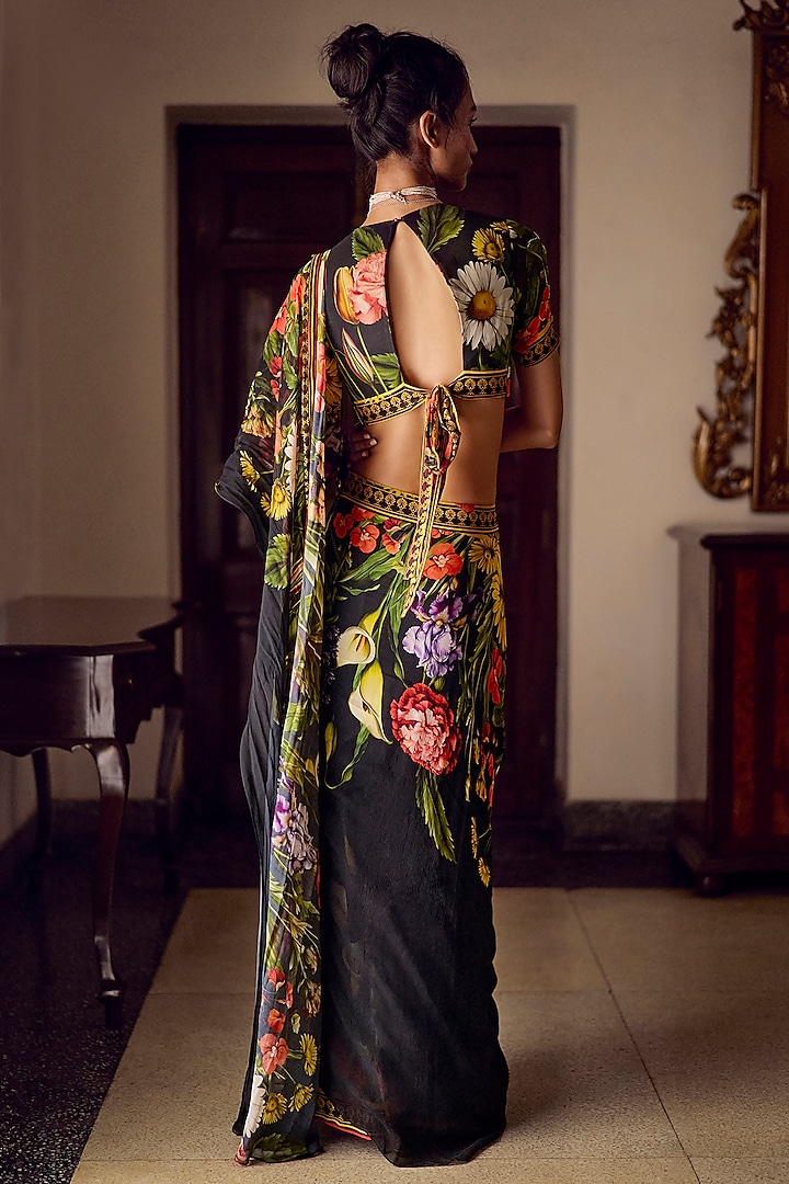 Black Georgette Pre-Draped Embroidered Party Wear Saree Set by Limerick By Abirr N' Nanki at Pernia's Pop Up Shop
