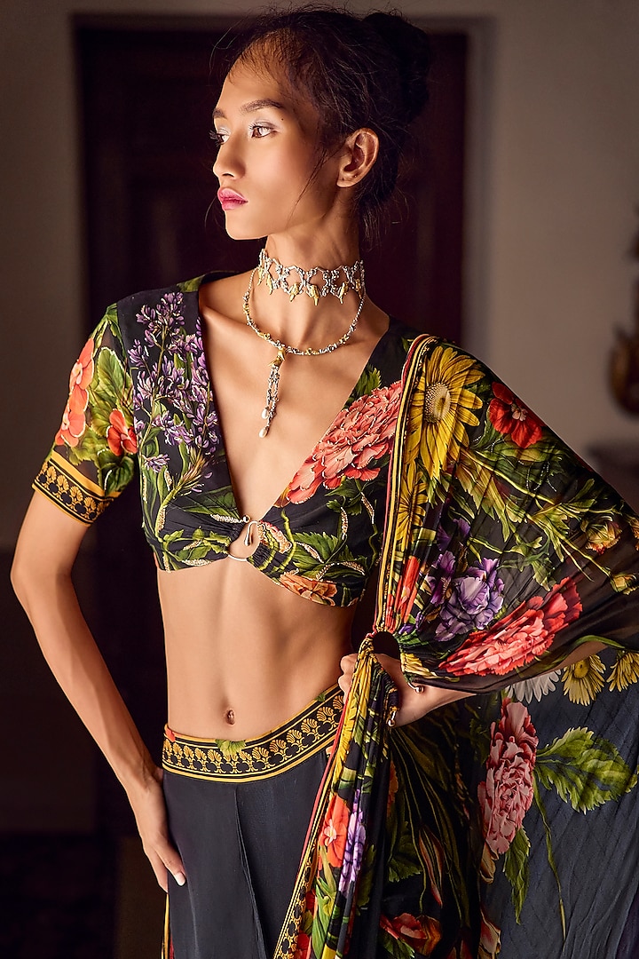 Black Georgette Pre-Draped Embroidered Party Wear Saree Set by Limerick By Abirr N' Nanki at Pernia's Pop Up Shop
