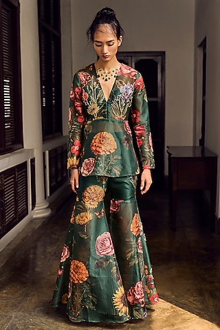 Emerald Green Striped Organza Hand Embroidered Co-Ord Set by Limerick By Abirr N' Nanki