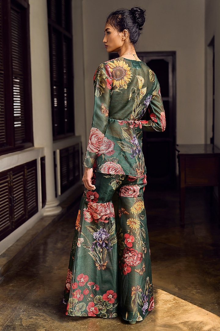 Emerald Green Striped Organza Hand Embroidered Co-Ord Set by Limerick By Abirr N' Nanki at Pernia's Pop Up Shop