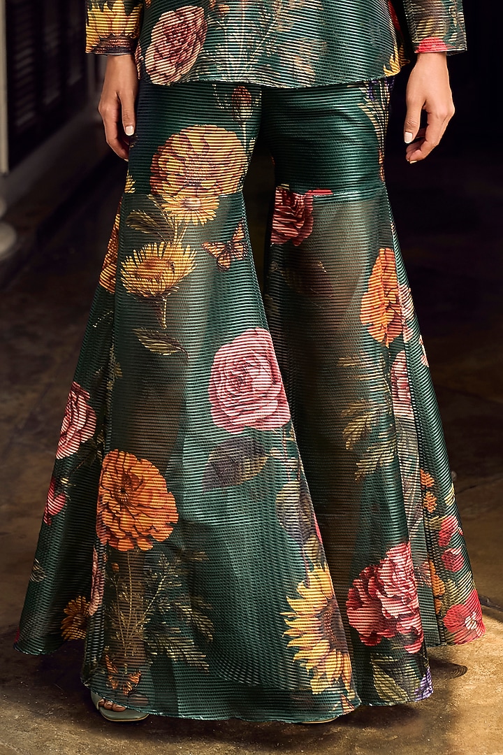 Emerald Green Striped Organza Hand Embroidered Co-Ord Set by Limerick By Abirr N' Nanki at Pernia's Pop Up Shop