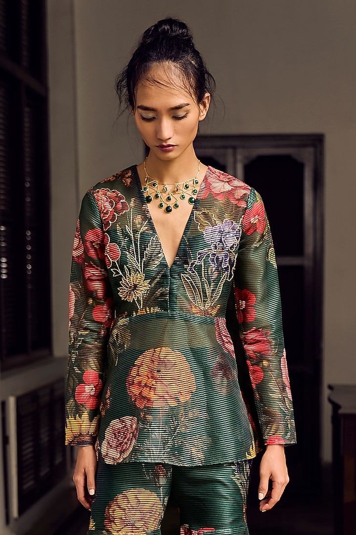 Emerald Green Striped Organza Hand Embroidered Co-Ord Set by Limerick By Abirr N' Nanki at Pernia's Pop Up Shop