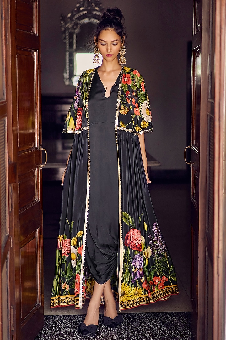 Black Crepe & Satin Floral Printed Jacket Dress by Limerick By Abirr N' Nanki