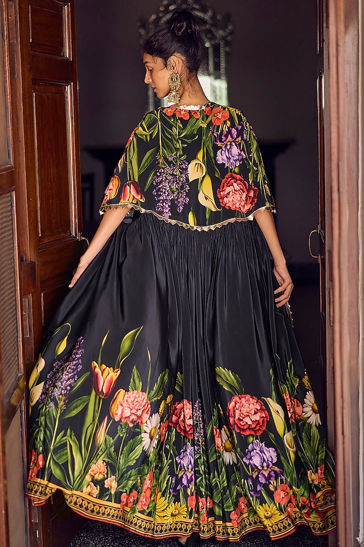 Black Crepe & Satin Floral Printed Jacket Vacation Dress by Limerick By Abirr N' Nanki at Pernia's Pop Up Shop