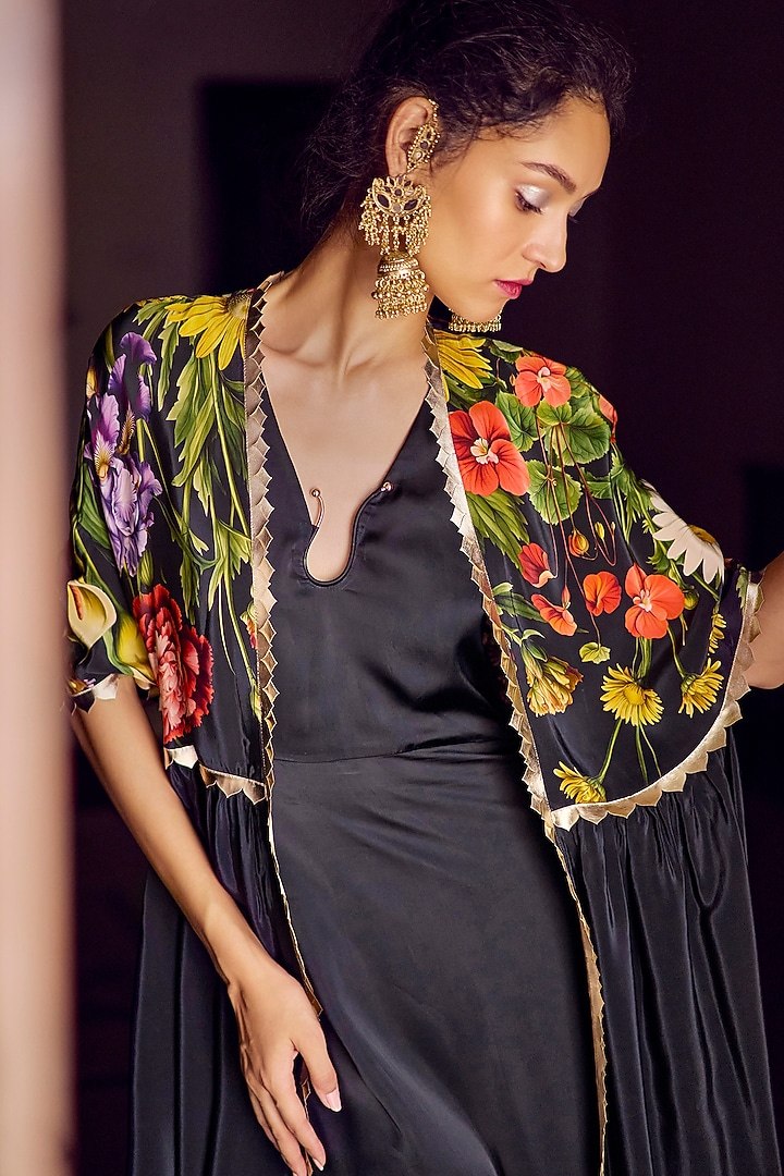 Black Crepe & Satin Floral Printed Jacket Vacation Dress by Limerick By Abirr N' Nanki at Pernia's Pop Up Shop