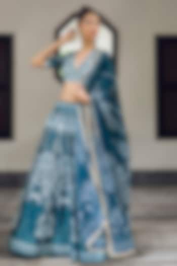 Deep Teal Himalayan Silk & Georgette Printed Lehenga Set by Limerick By Abirr N' Nanki