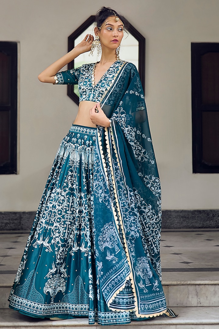 Deep Teal Himalayan Silk & Georgette Printed Lehenga Set by Limerick By Abirr N' Nanki