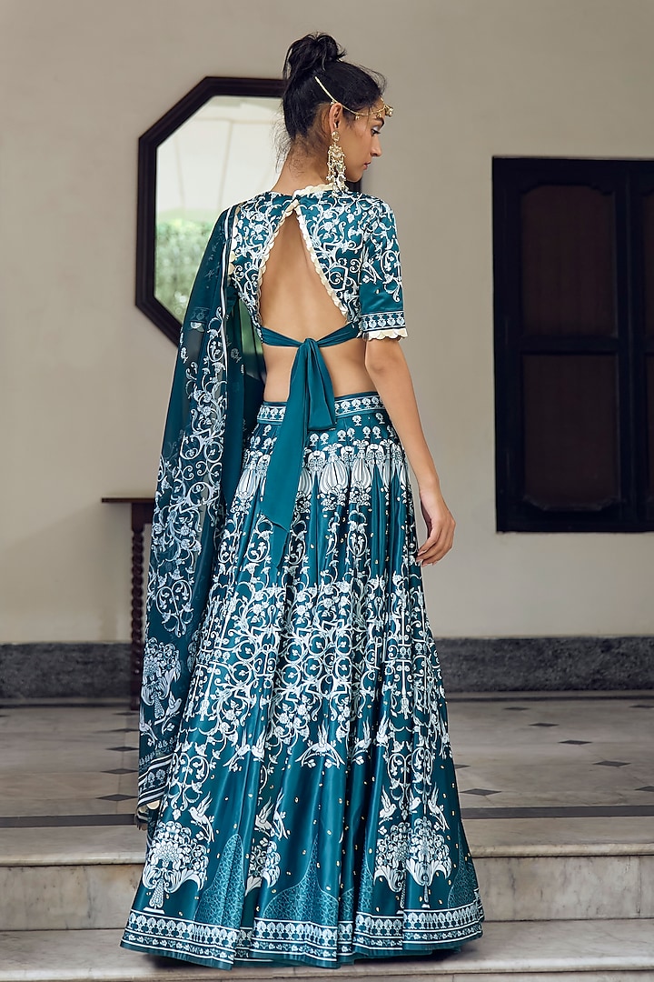 Deep Teal Himalayan Silk & Georgette Printed Wedding Lehenga Set by Limerick By Abirr N' Nanki at Pernia's Pop Up Shop
