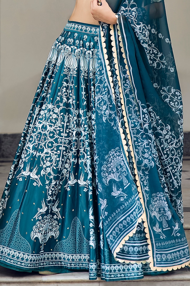 Deep Teal Himalayan Silk & Georgette Printed Wedding Lehenga Set by Limerick By Abirr N' Nanki at Pernia's Pop Up Shop