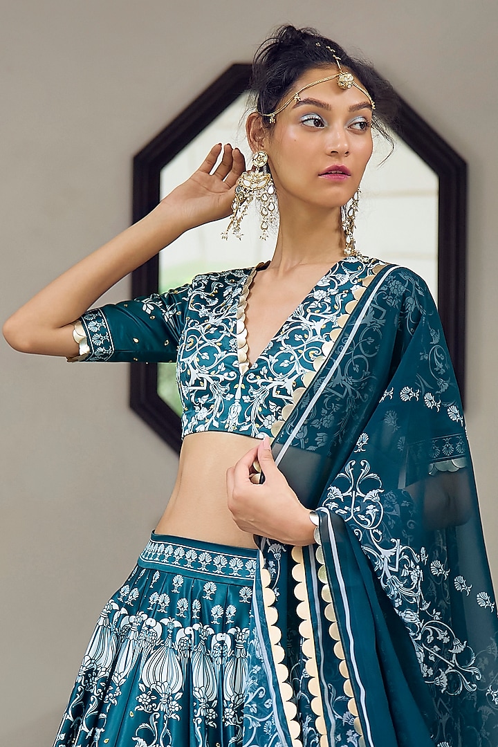 Deep Teal Himalayan Silk & Georgette Printed Wedding Lehenga Set by Limerick By Abirr N' Nanki at Pernia's Pop Up Shop