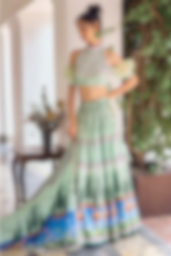 Green Himalayan Silk & Georgette Bead Embroidered Lehenga Set by Limerick By Abirr N' Nanki