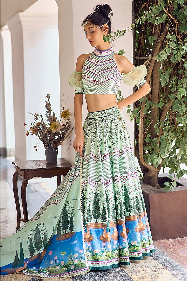 Green Himalayan Silk & Georgette Bead Embroidered Lehenga Set by Limerick By Abirr N' Nanki