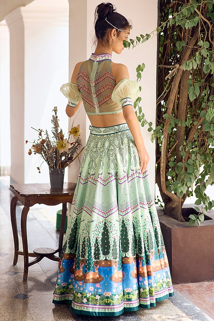 Green Himalayan Silk & Georgette Bead Embroidered Wedding Lehenga Set by Limerick By Abirr N' Nanki at Pernia's Pop Up Shop